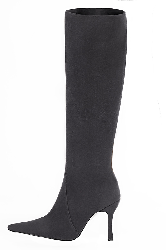 Dark grey women's feminine knee-high boots. Pointed toe. Very high spool heels. Made to measure. Profile view - Florence KOOIJMAN